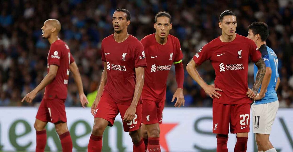 Liverpool's Joel Matip, Darwin Nunez and Virgil van Dijk react REUTERS/Ciro De Luca