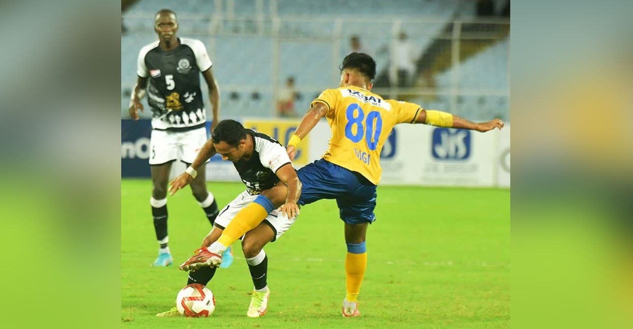 Action between Kerala Blasters (yellow) and Mohammedan SC in the Durand Cup. Photo: Facebook/ @thedurandcup

