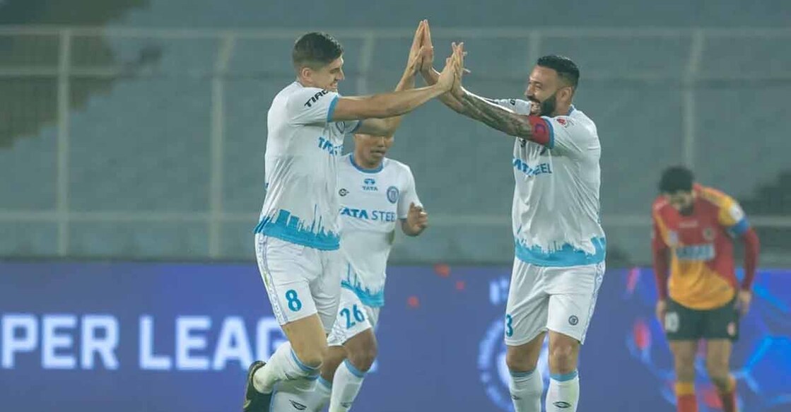 Jamshedpur FC players celebrate a goal against East Bengal. Photo: ISL