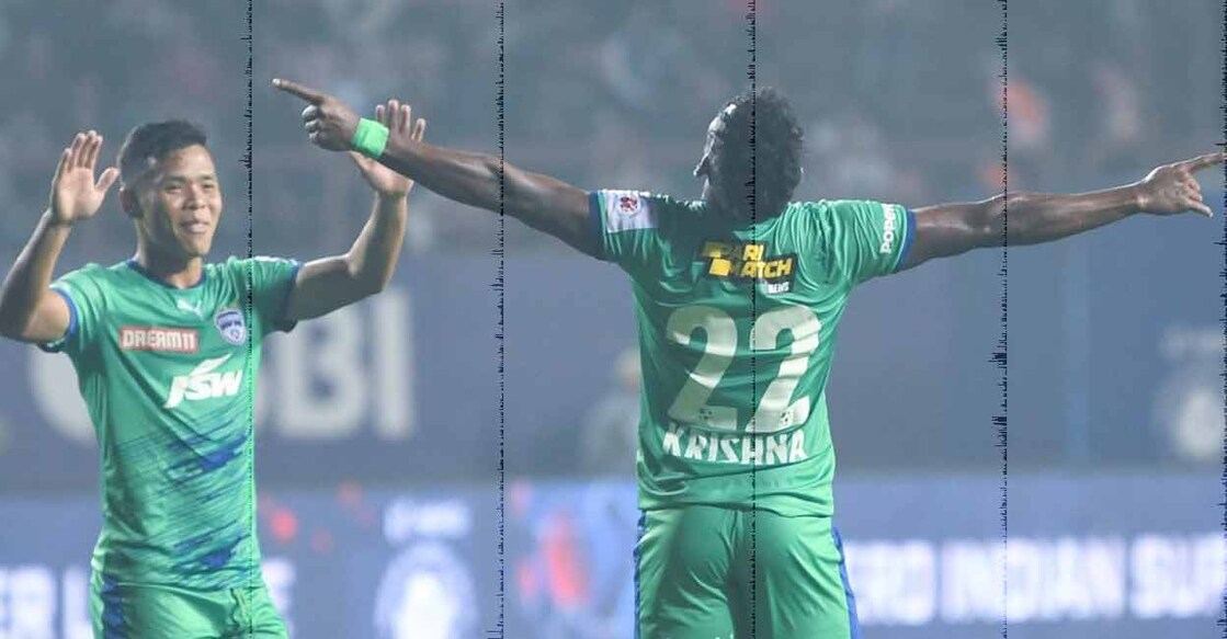Bengaluru FC players celebrate a goal against Jamshedpur FC. Photo: ISL