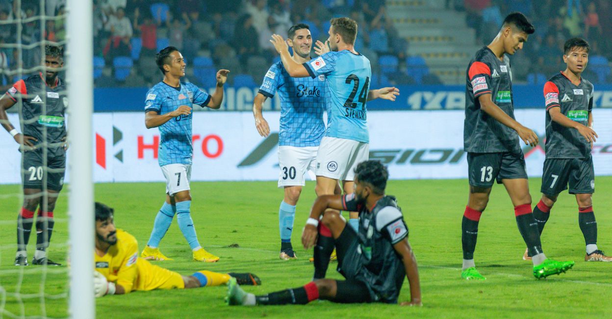 Mumbai City FC players celebrate a goal against NEUFC at the Hero ISL match on January 19, 2023. Photo: Special Arrangement