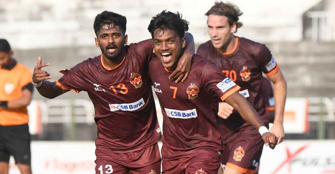 Gokulam Kerala players celebrate a goal. Photo: Twitter@GokulamKeralaFC