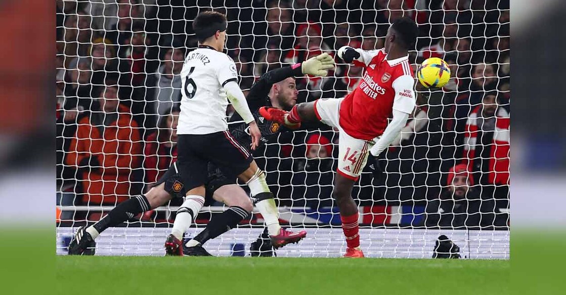 Arsenal's Eddie Nketiah scores their third goal. Photo: Reuters/David Klein
