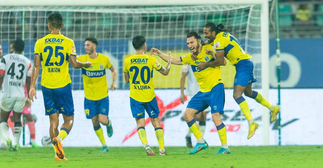 Kerala Blasters' forward Dimitrios Diamantakos (second from right) celebrates his goal, against NEUFC, with teammates. Photo: ISL