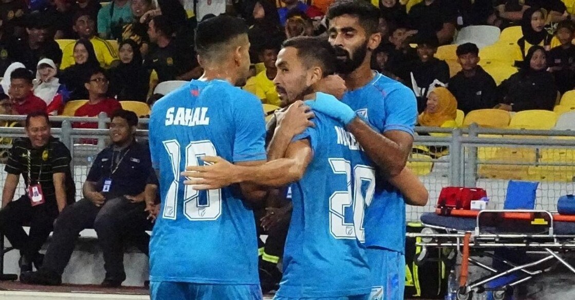 Indian players celebrate a goal. Photo: X@IndianFootball