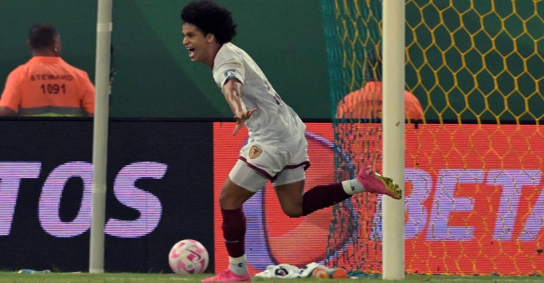 Venezuela's midfielder Eduard Bello celebrates after scoring the equalisier. Photo: AFP/Nelson Almedia