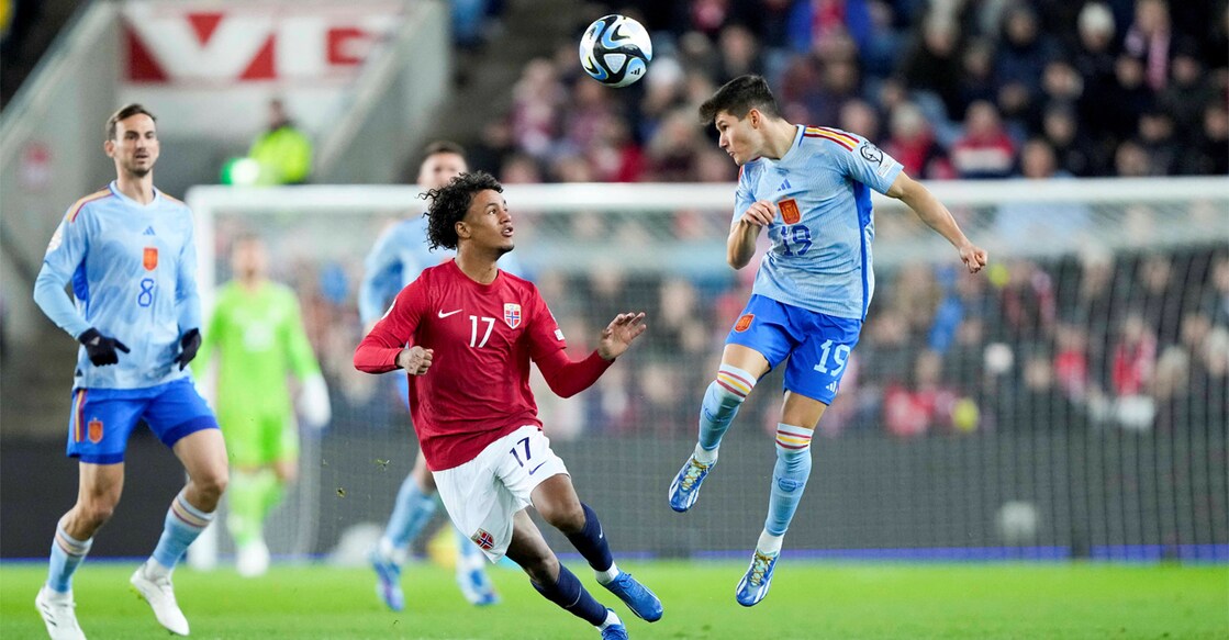 Norway's Oscar Bobb in action with Spain's Fran Garcia in Euro 2024 Qualifier - Group A - Norway v/s Spain match on Sunday. Photo: Frederik Ringnes/NTB via REUTERS