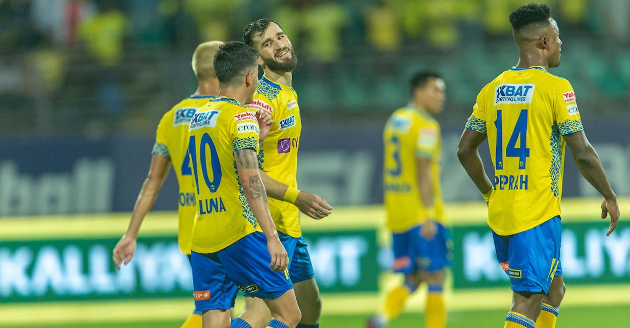 ISL 2023- 24 Danish Farooq, third left, celebrates with his teammates after heading home Blasters' equaliser. Photo: FSDL
