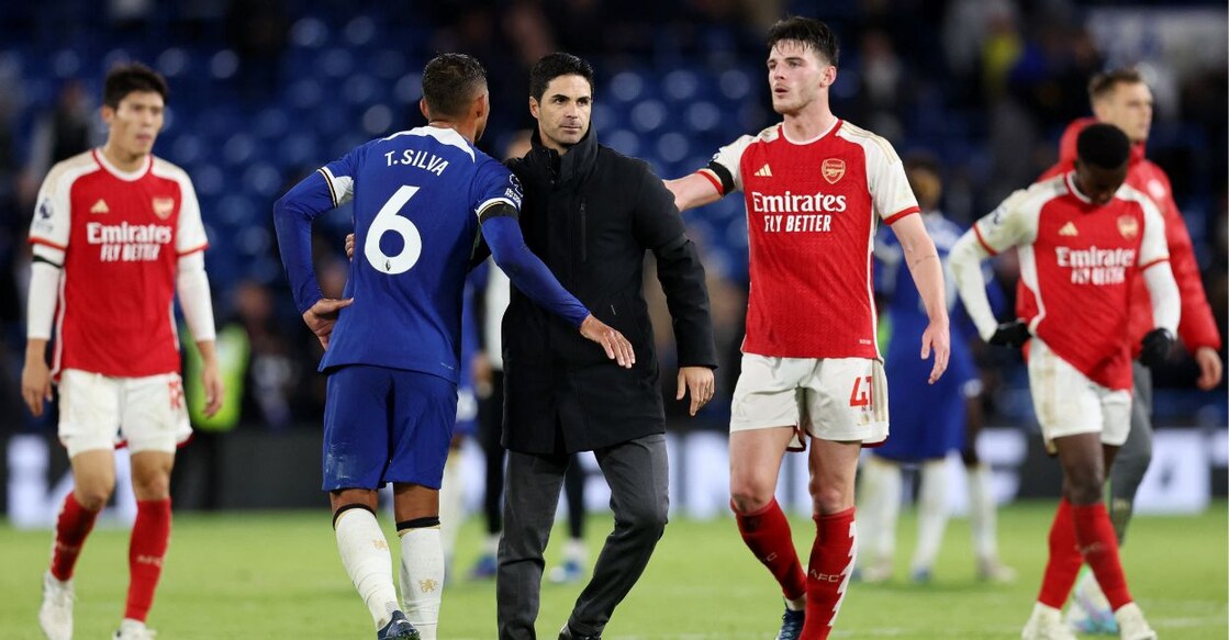 Arsenal manager Mikel Arteta and midfielder Declan Rice with Chelsea's Thiago Silva after the match. Photo: Reuters/David Klein