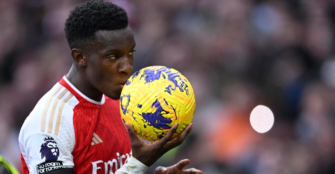 Arsenal's Eddie Nketiah celebrates after completing his hat-trick. Photo: Reuters/Tony Obrien
