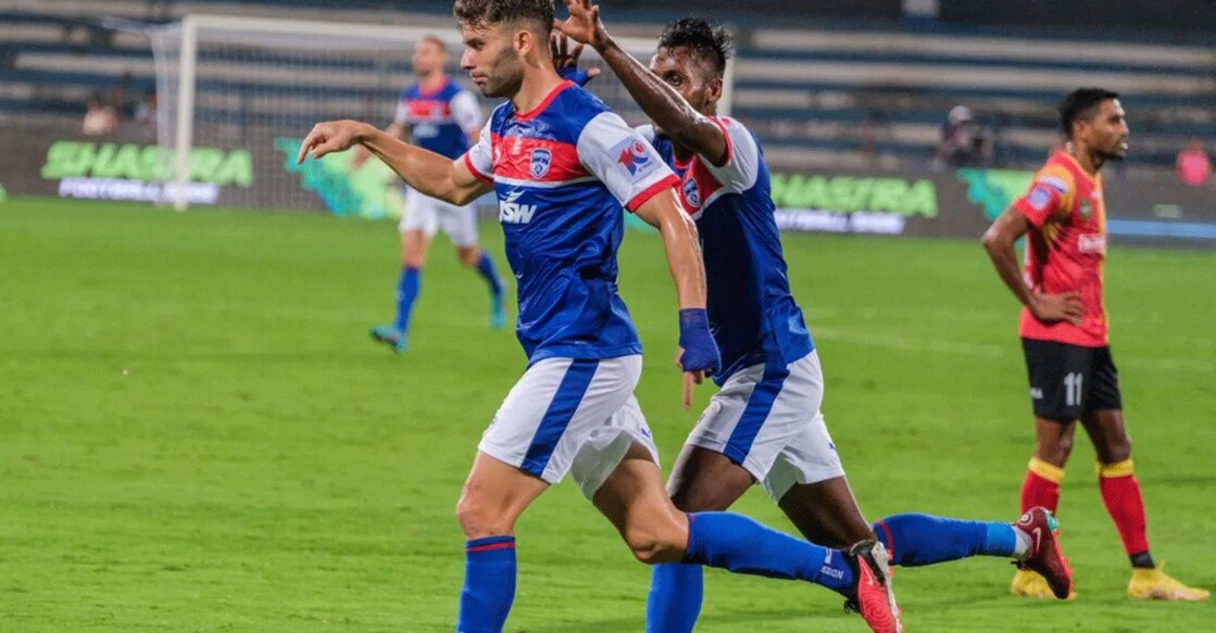 Javi Hernandez (left) celebrates Bengaluru FC's winner against East Bengal. Photo: ISL
