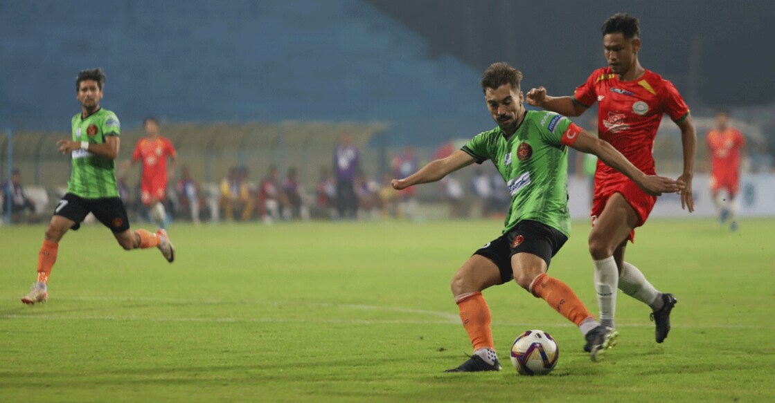 Alex Sanchez of Gokulam Kerala in action against TRAU FC. Photo: Special arrangement