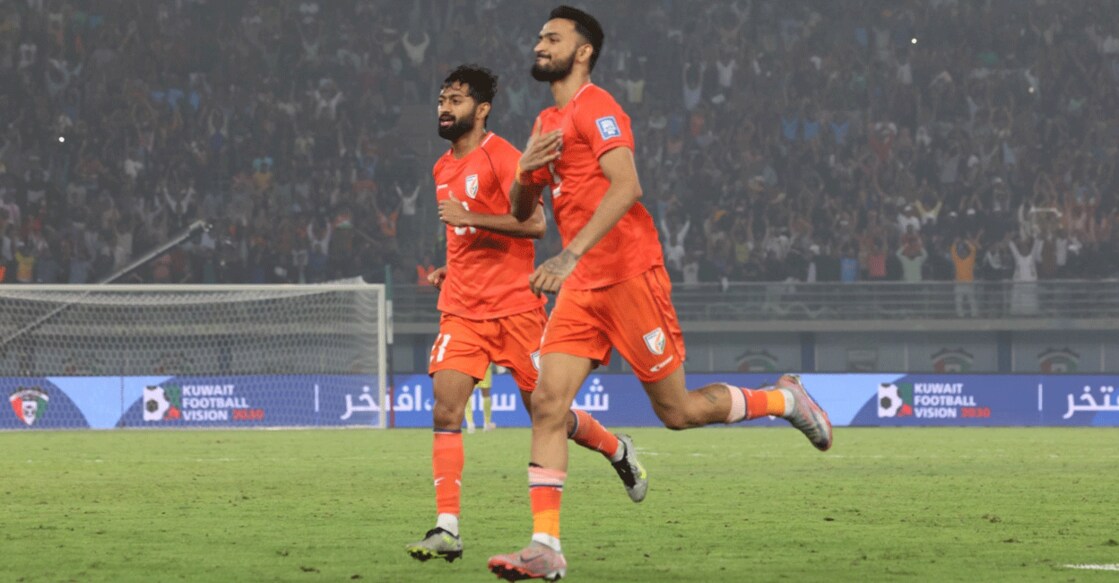 Manvir Singh celebrates his goal for India against Kuwait. Photo: AIFF