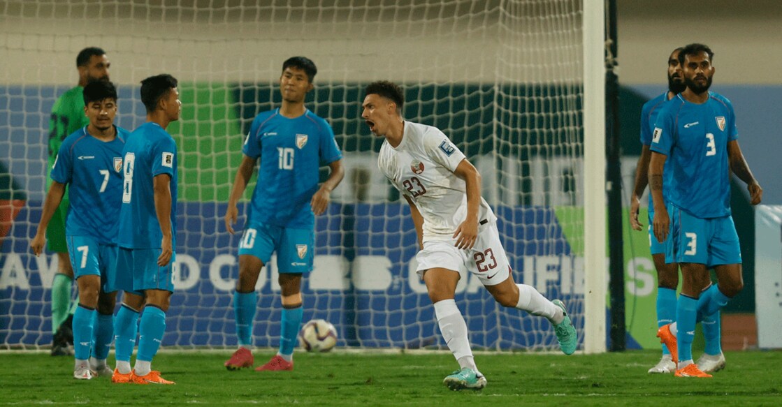 Qatar's Moustafa Tarek celebrates scoring their first goal against India. Photo: Reuters/Francis Mascarenhas