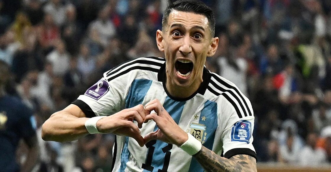 Argentina's Angel Di Maria celebrates scoring their second goal in the 2022 World Cup final. File photo: Reuters/Dylan Martinez