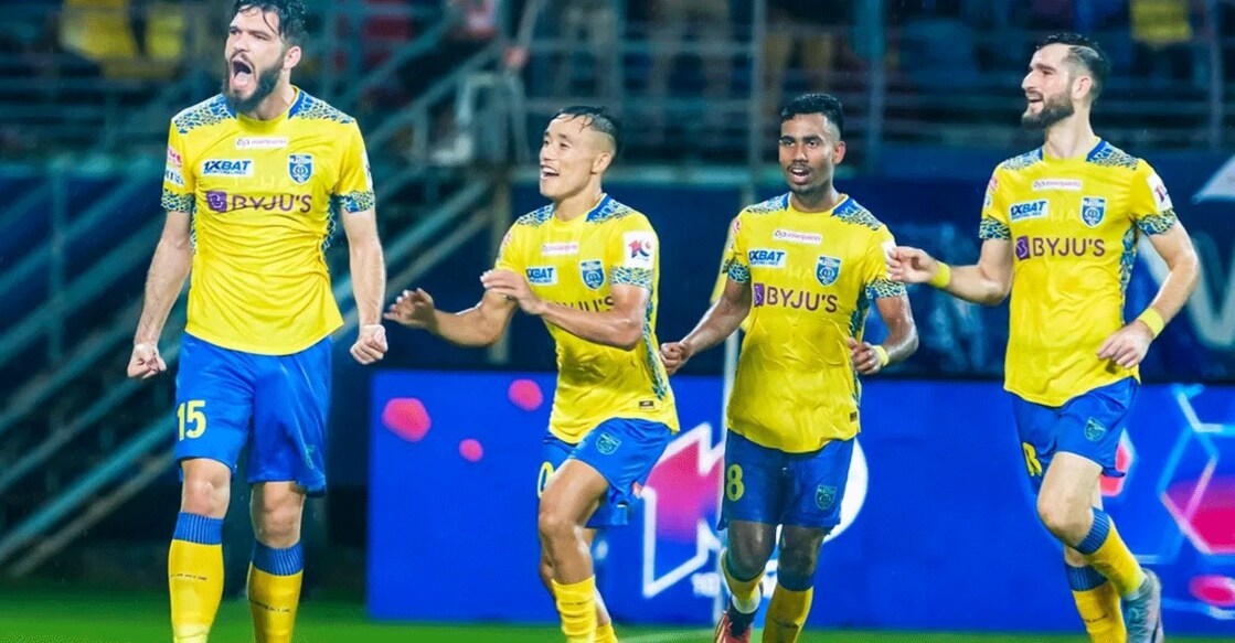Milos Drincic (left) celebrates his winner for Kerala Blasters against Hyderabad FC in Kochi on Saturday. Photo: ISL