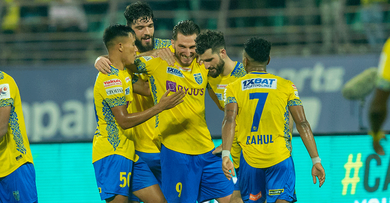 ISL 2023- 24 Dimitrios Diamantakos is congratulated by his Kerala Blasters' teammates after making it 3-3 against Chennaiyin at the Jawaharlal Nehru Stadium in Kochi on Wednesday. Photo: ISL