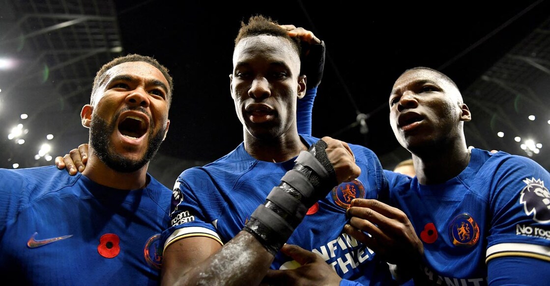 Chelsea's Nicolas Jackson, centre, celebrates with Reece James, left, and Moises Caicedo after scoring their second goal. Photo: Reuters/Tony Obrien