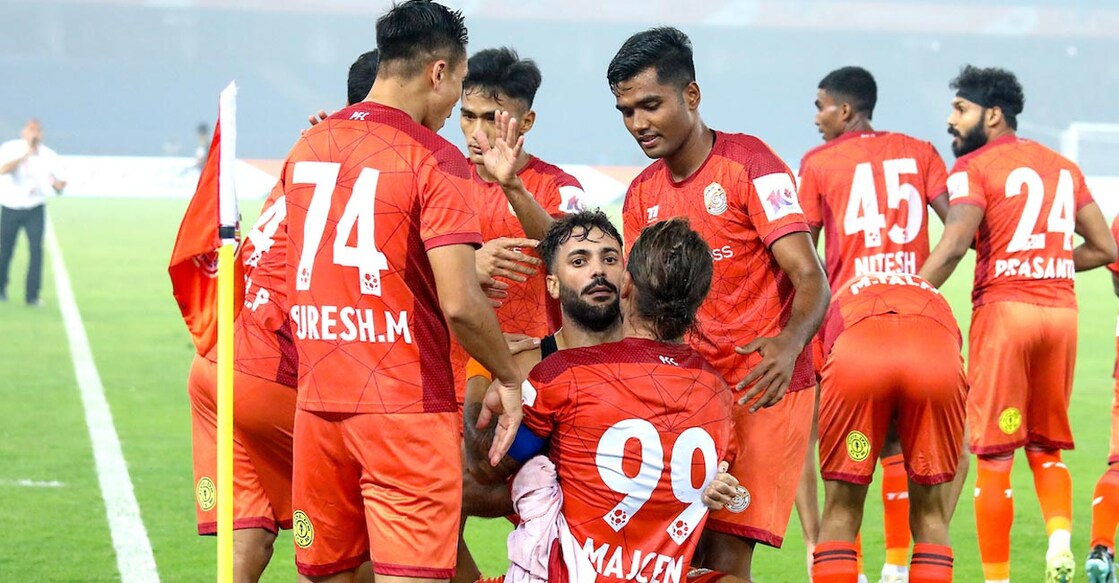 Punjab FC players celebrate their opening goal. Photo: FSDL
