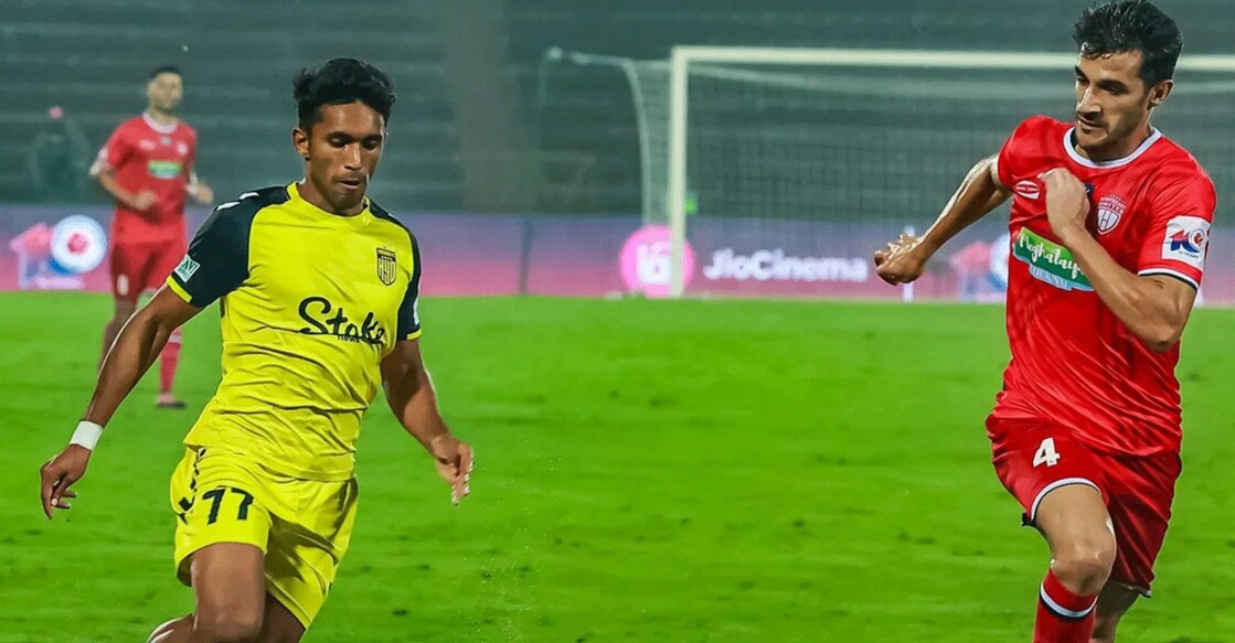 Action between Hyderabad FC (yellow) and NorthEast United. Photo: ISL