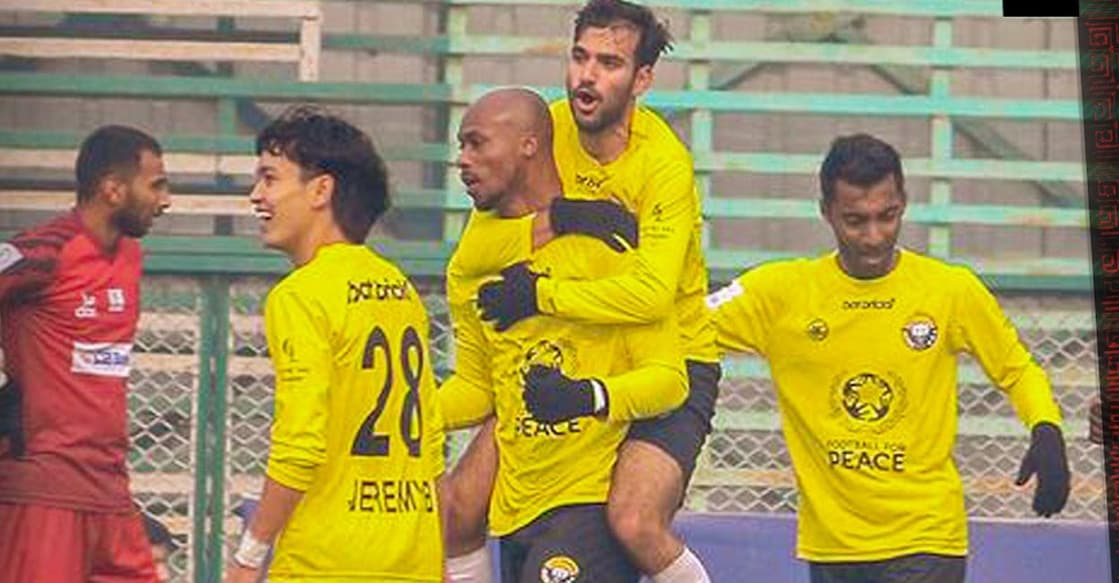 Real Kashmir FC players celebrate a goal. Photo: X@GokulamKeralaFC
