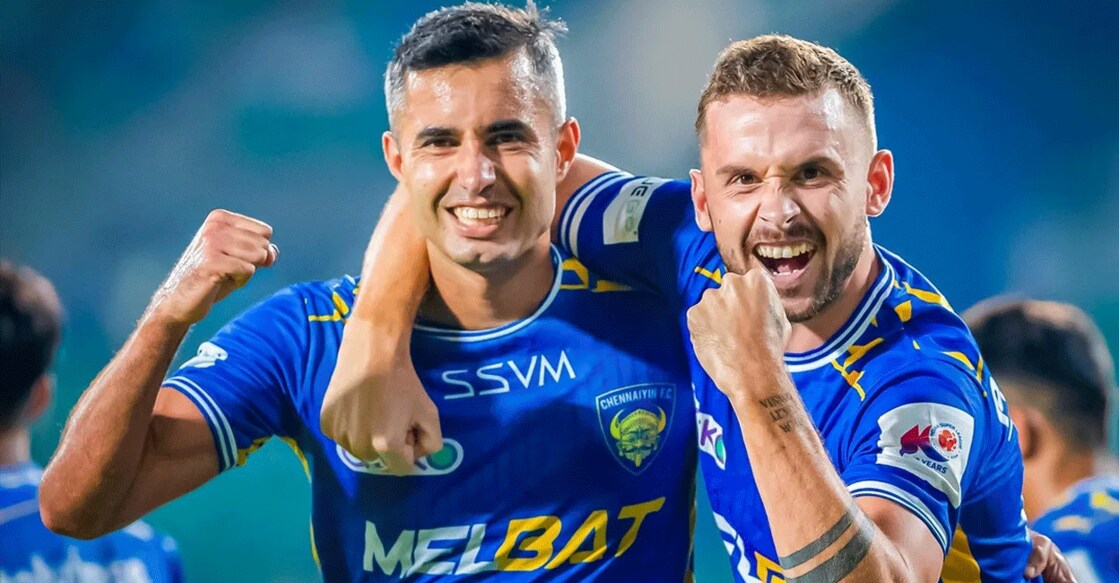 Rafael Crivellaro and Jordan Murray celebrate Chennaiyin's win over Bengaluru. Photo: ISL