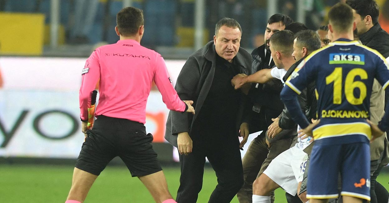 Referee attacked MKE Ankaragucu president Faruk Koca reacts as the referee Halil Umut Meler lies on the ground at the end of the match. File photo: Reuters/Abdurrahman Antakyali/Depo Photo