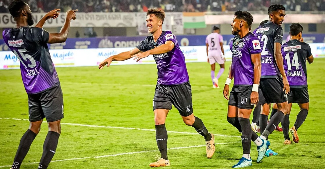 Odisha FC players celebrate a goal against Hyderabad FC. Photo: ISL