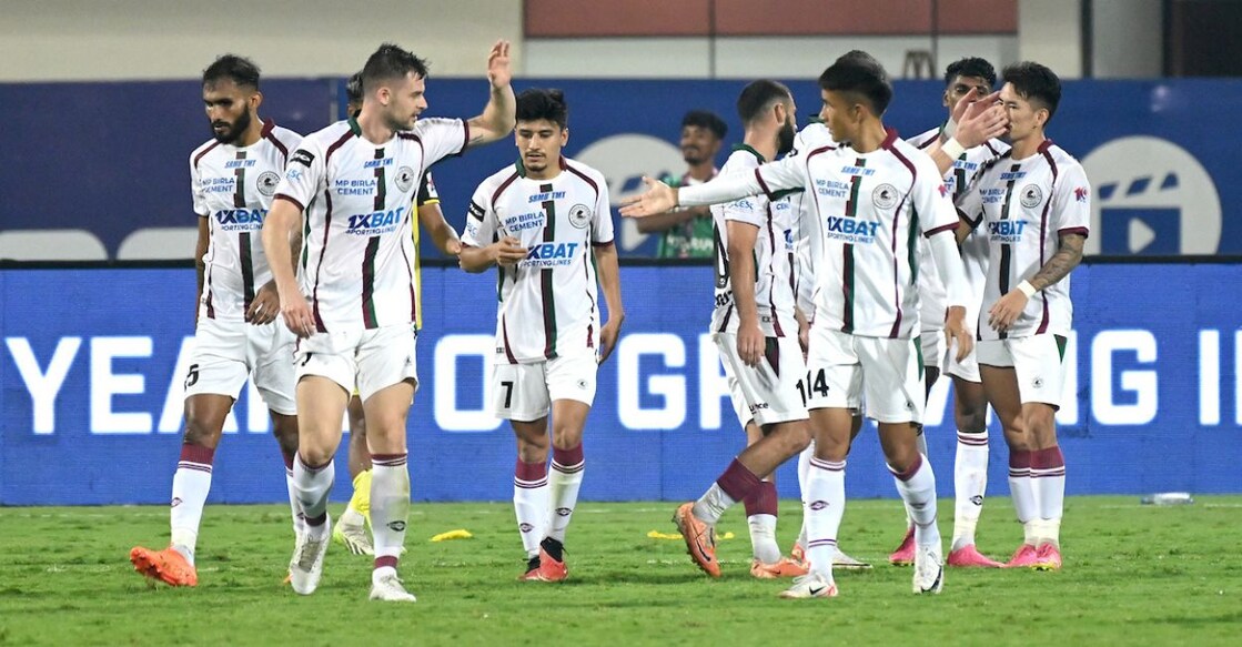 MBSG players celebrating Asish Rai's goal against HFC at the Kalinga Stadium on Saturday. Photo: Special Arrangement
