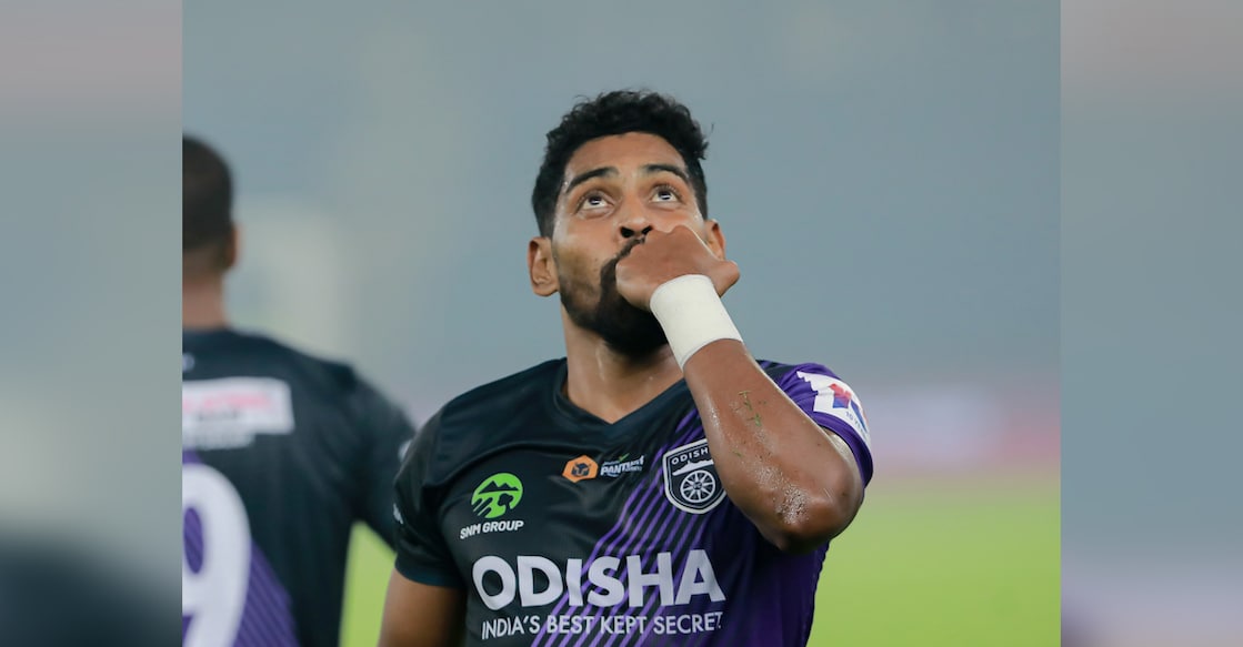 OFC's Roy Krishna celebrates his closed-range shot against PFC at the Jawaharlal Nehru Stadium on Tuesday. Photo: ISL