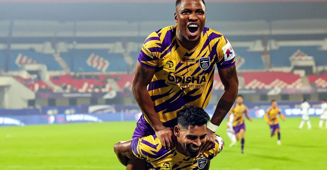 Odisha FC's Diego Mauricio and Roy Krishna celebrate a goal against Jamshedpur FC. Photo: ISL