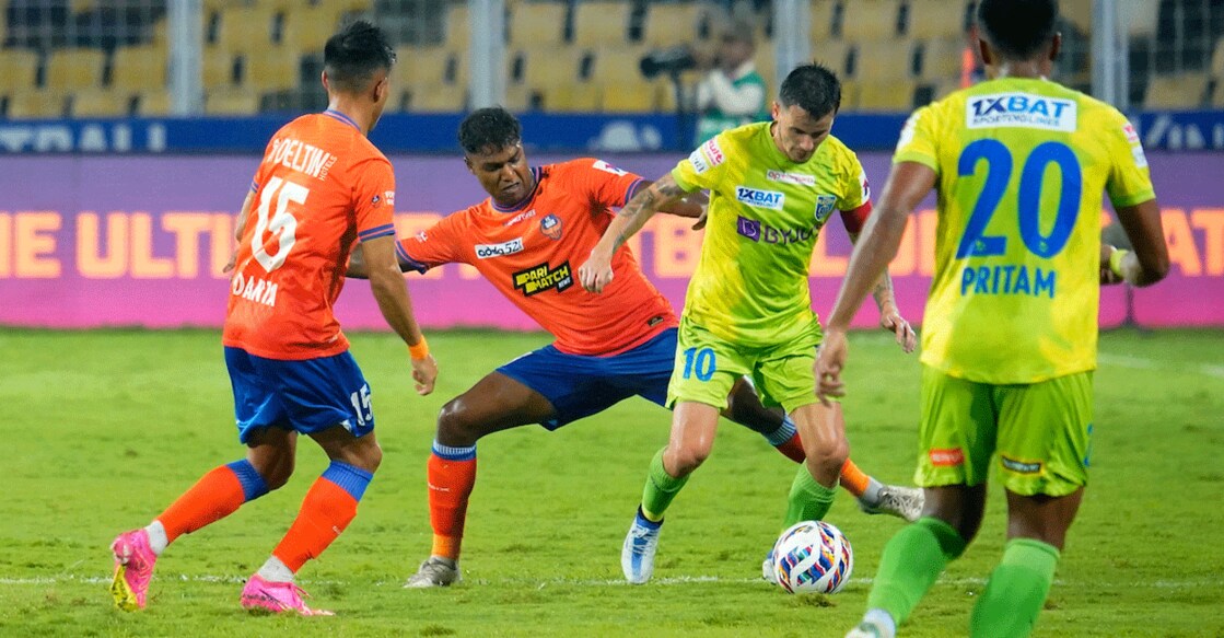 Action between FC Goa (orange) and Kerala Blasters at the Fatorda Stadium in Goa on Sunday. Photo: ISL