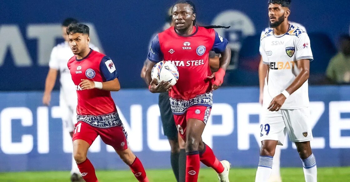 Jamshedpur's Daniel Chima Chukwu celebrates his late equaliser against Chennaiyin. Photo: ISL
