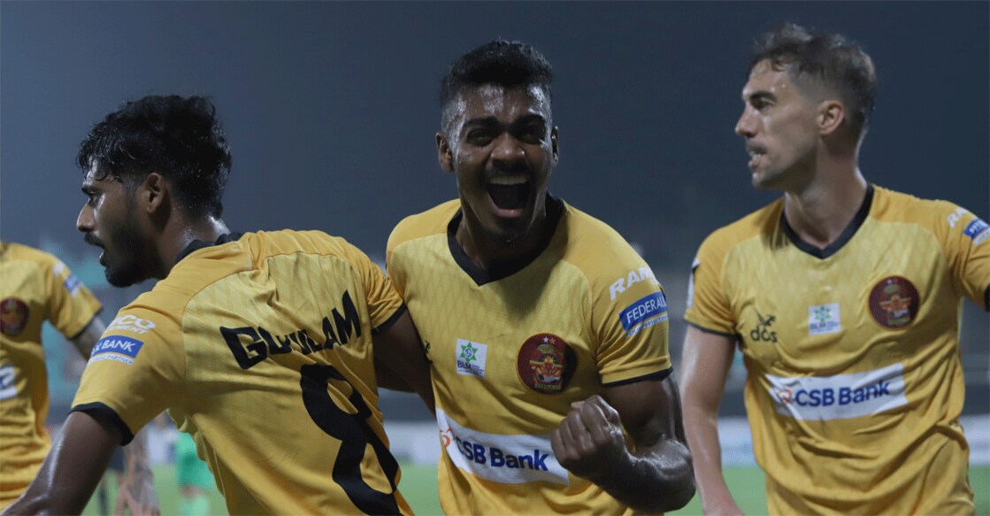 Gokulam Kerala players celebrate their goal against Mohammedan Sporting. Photo: I-League