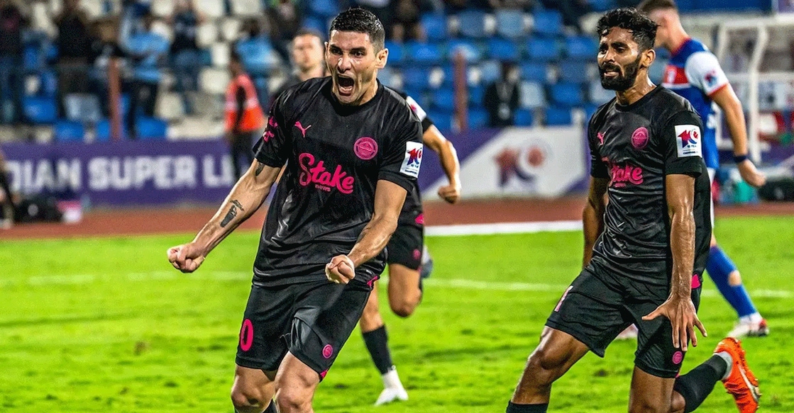 Mumbai City players celebrate a goal against Bengaluru FC. Photo: ISL