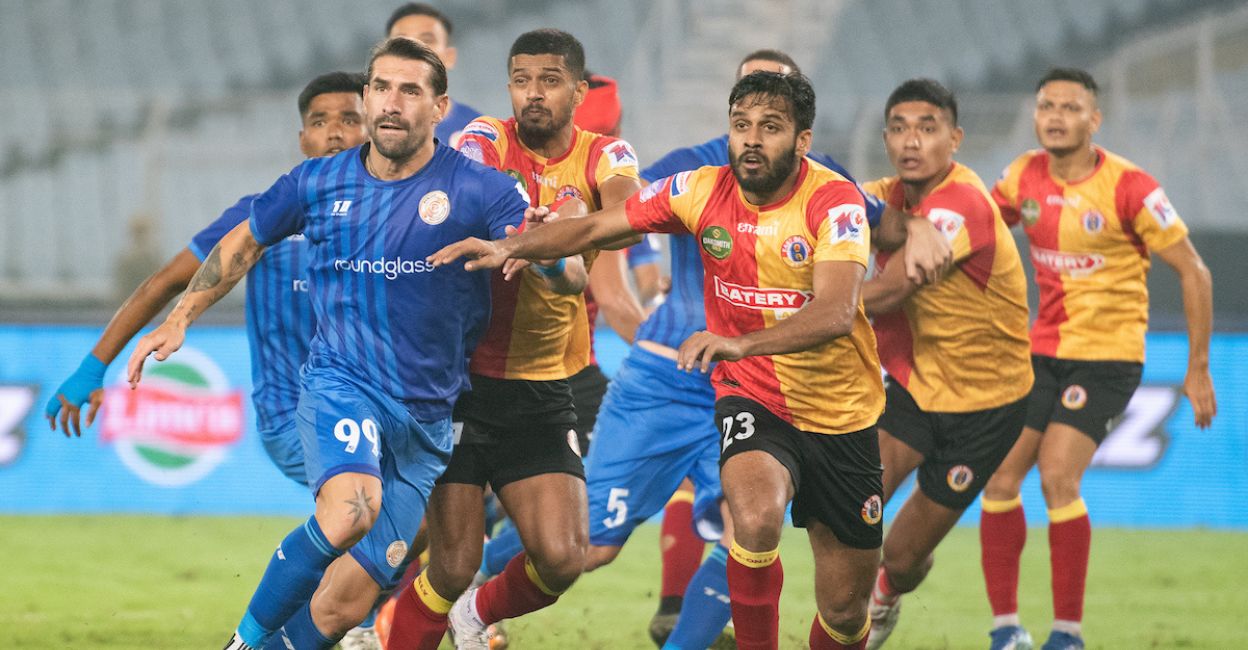 ebfcvspfc PFC and EBFC players during the corner attempt at the Vivekananda Yuba Bharati Krirangan on Saturday. Photo: Special Arrangement