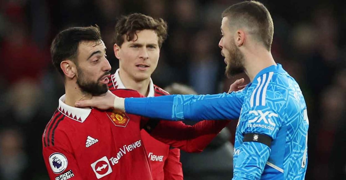 Crystal Palace's Victor Lindelof grabs Manchester United's Bruno Fernande by the throat. File photo: Reuters/Phil Noble