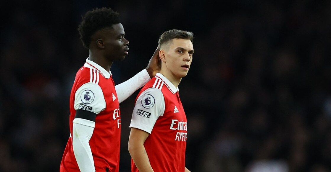 Arsenal's Leandro Trossard and Bukayo Saka after the match. Photo: Reuters