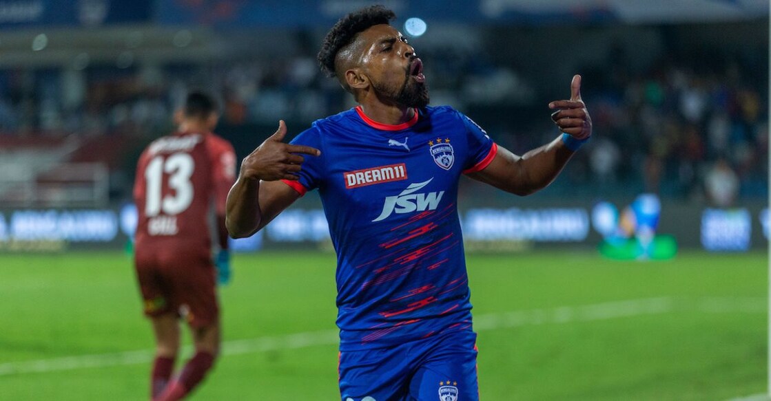 Roy Krishna of Bengaluru FC celebrates after scoring a goal against KBFC. Photo: Special Arrangement
