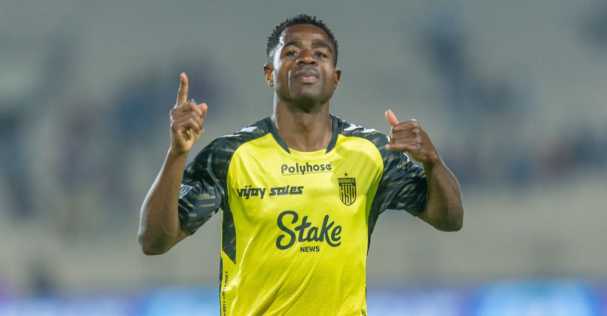 Bartholomew Ogbeche of Hyderabad FC celebrates after scoring a goal against ATKMB. Photo: Special Arrangement
