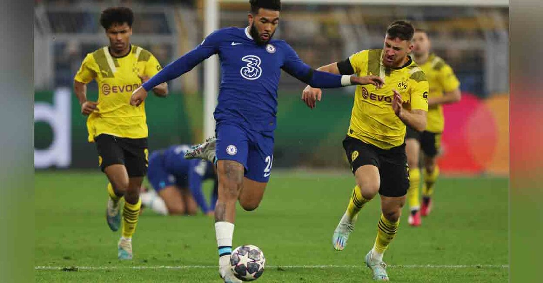 Chelsea's Reece James in action with Borussia Dortmund's Salih Ozcan during Borussia Dortmund v Chelsea match on February 15, 2023. Photo: REUTERS/Thilo Schmuelgen