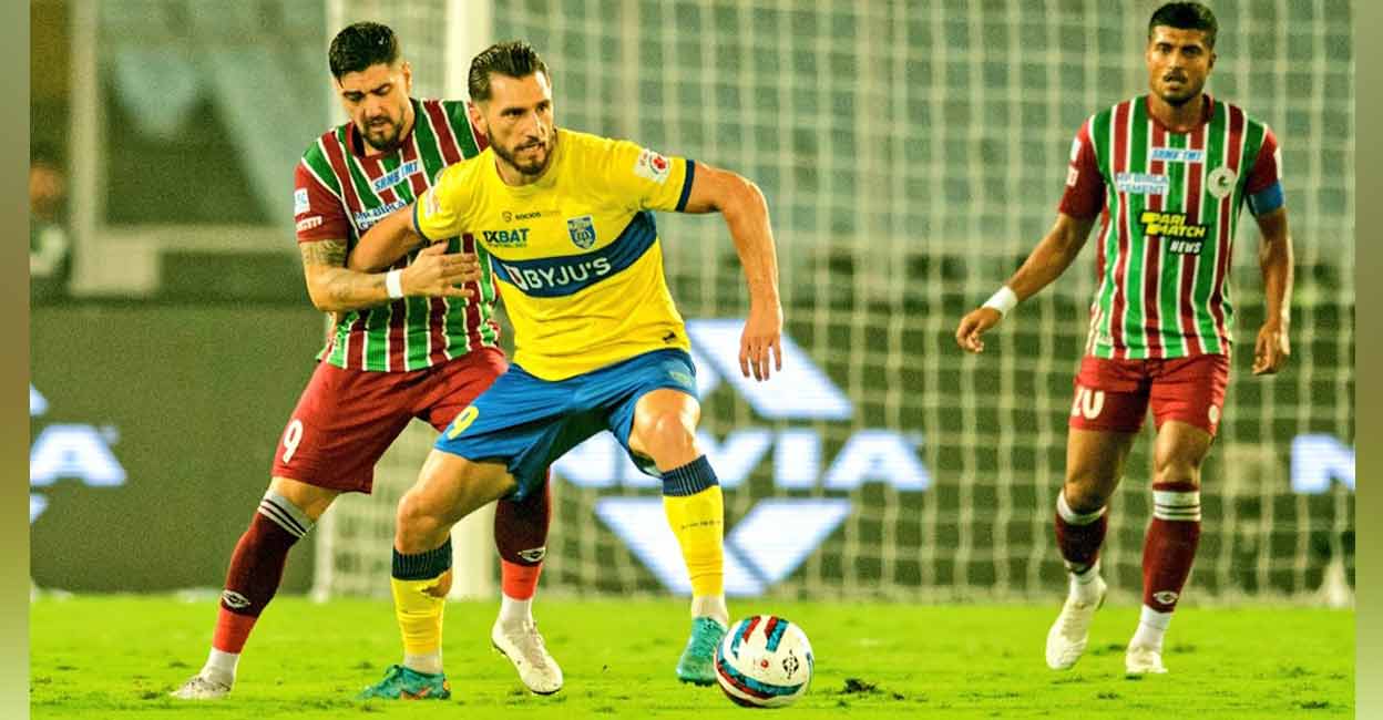 Action between Kerala Blasters (yellow) and ATK Mohun Bagan. Photo: Twitter/@IndSuperLeague