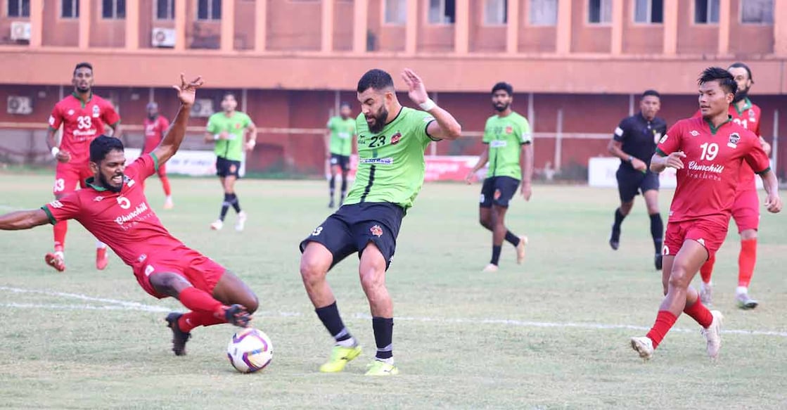Action between Gokulam Kerala (green) and Churchill Brothers. Photo: Gokulam Kerala
