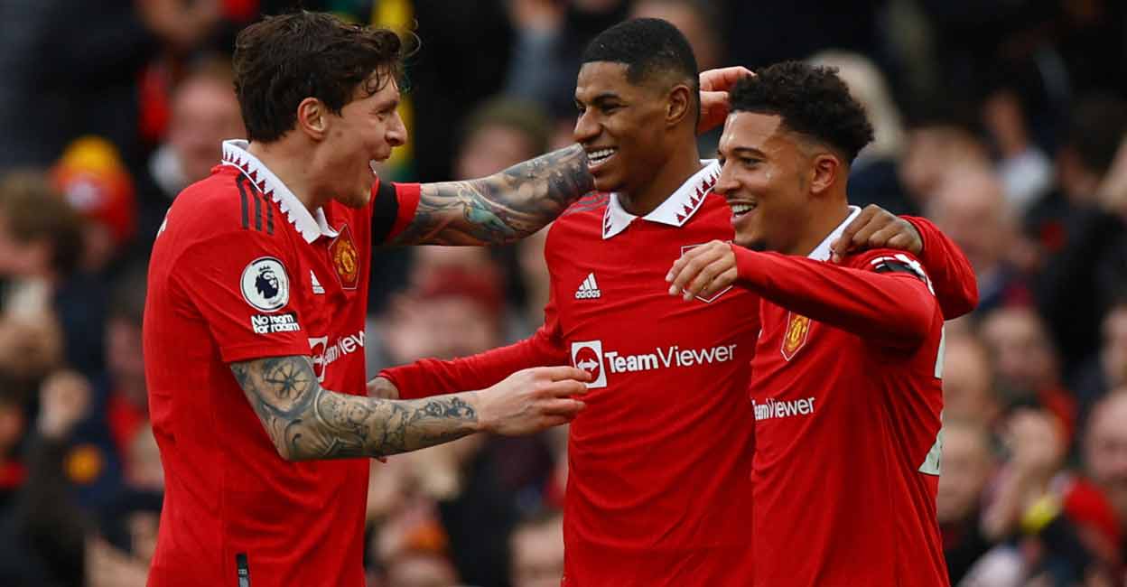 Manchester United's Marcus Rashford (centre) celebrates scoring their second goal with Victor Lindelof and Jadon Sancho. Photo: Reuters/Molly Darlington