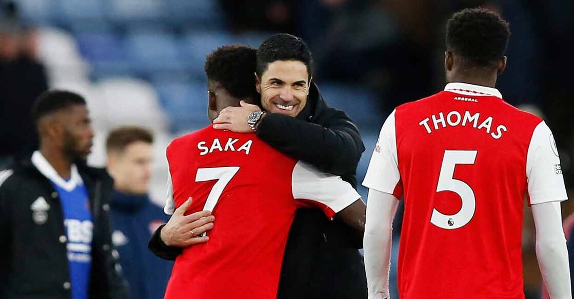 Arsenal manager Mikel Arteta celebrates with Bukayo Saka after the match. Photo: Reuters/Craig Brough