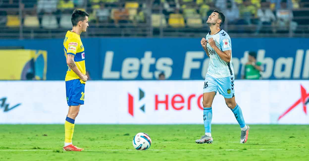hyd-vs-kbfc Borja Herrera (right) celebrates his winner for Hyderabad FC as Kerala Blasters' Adrian Luna looks on. Photo: ISL