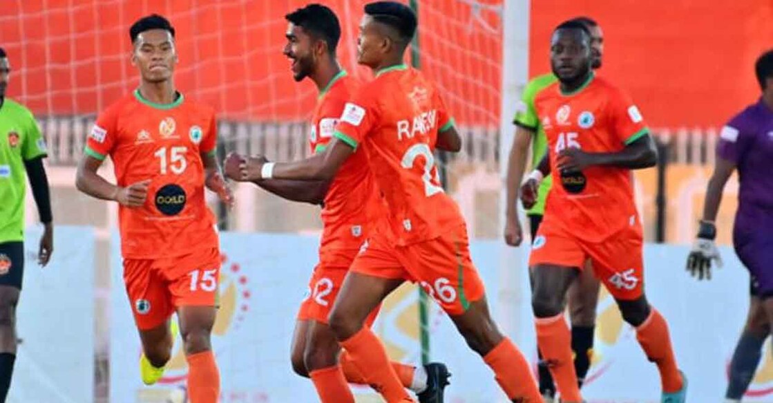 NEROCA FC players celebrate a goal. Photo: Twitter@ILeagueOfficial
