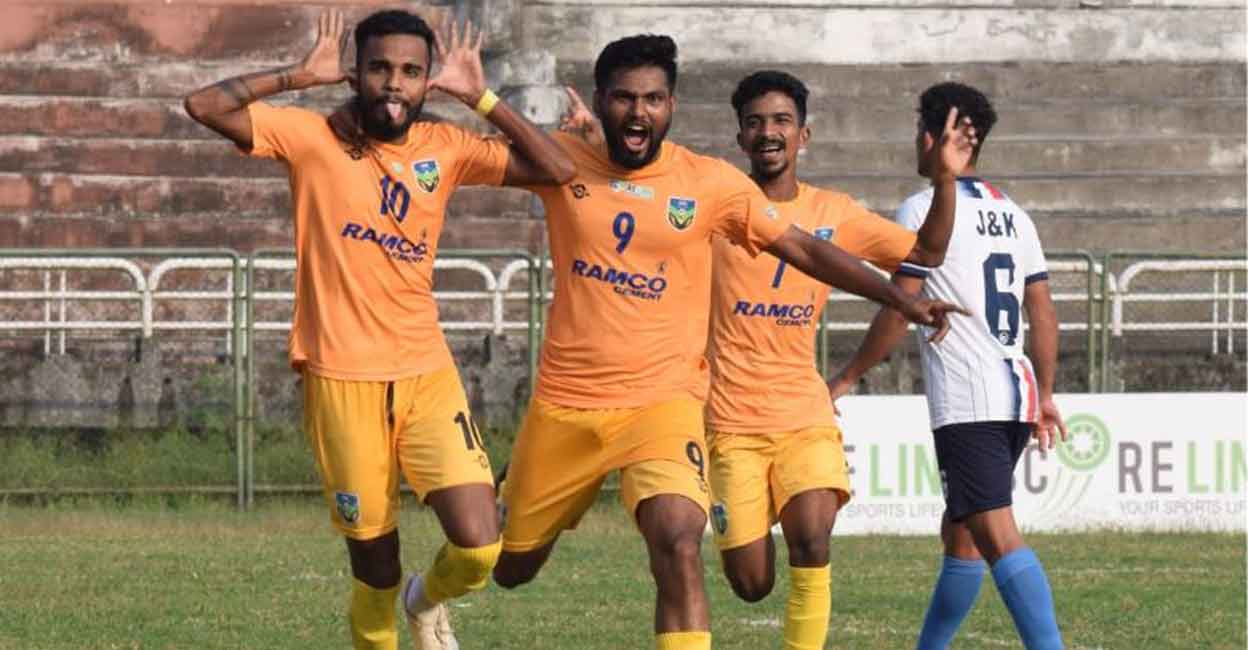 Santosh Trophy: Kerala omit Viknesh after forward tests positive From left: M Viknesh, Rizwan Ali and Nijo Gilbert celebrate a goal against Jammu & Kashmir in the Santosh Trophy qualifers. File photo: KFA
