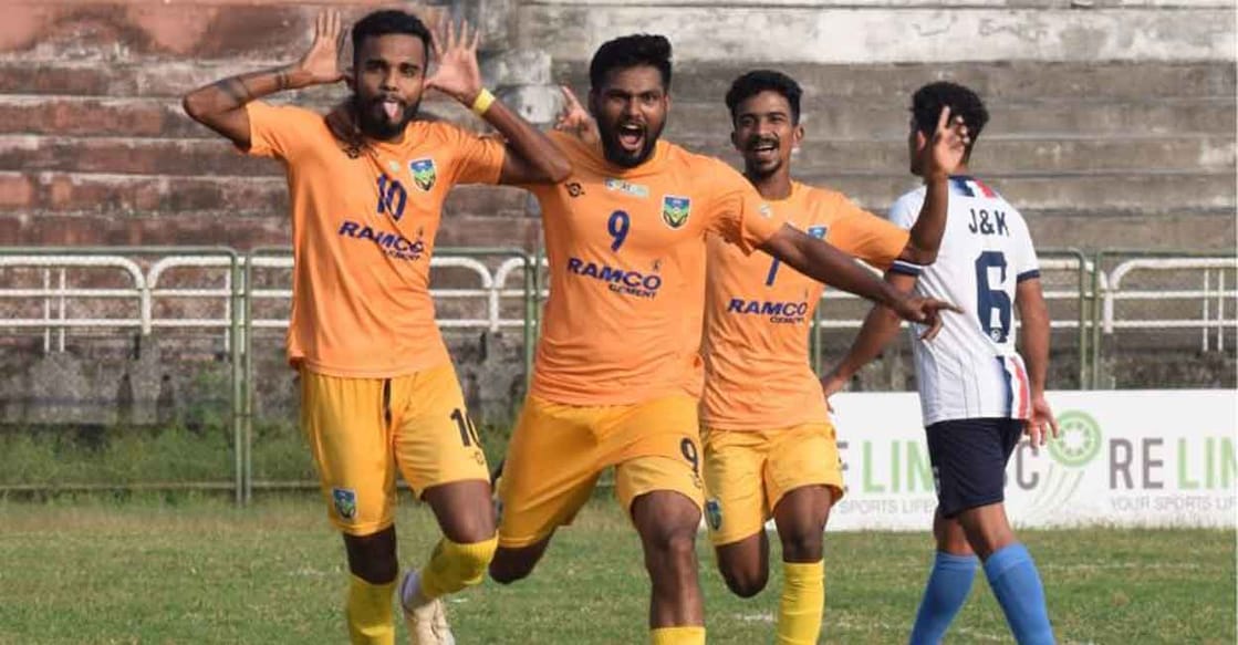 From left: M Viknesh, Rizwan Ali and Nijo Gilbert celebrate a goal against Jammu & Kashmir in the Santosh Trophy qualifers. File photo: KFA