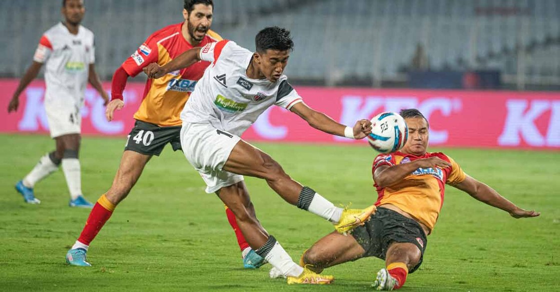 Action between NorthEast United (white) and East Bengal. Photo: ISL